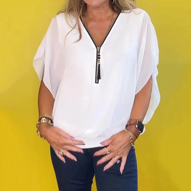Moteriški šifoniniai marškiniai su užtrauktuku ant apykaklės laisvalaikiui 