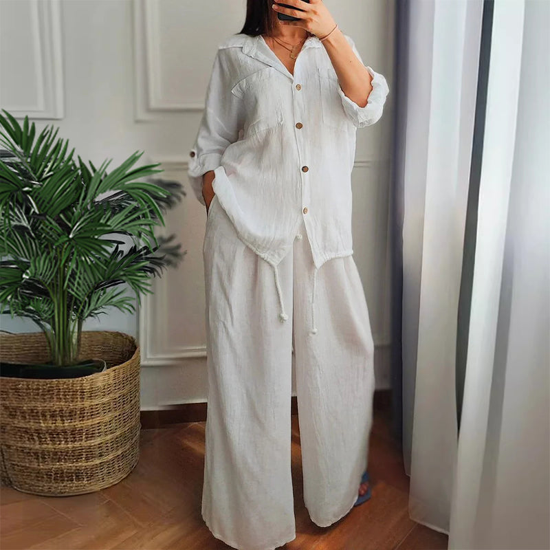 Top din bumbac și in cu tiv cu cordon , i pantaloni din bumbac și in