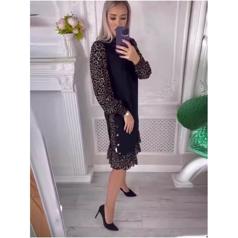 👗[S-3XL] Φθινόπωρο / Χειμώνας Leopard Print ប្រ្រ្រា Patchwork Dress-GR