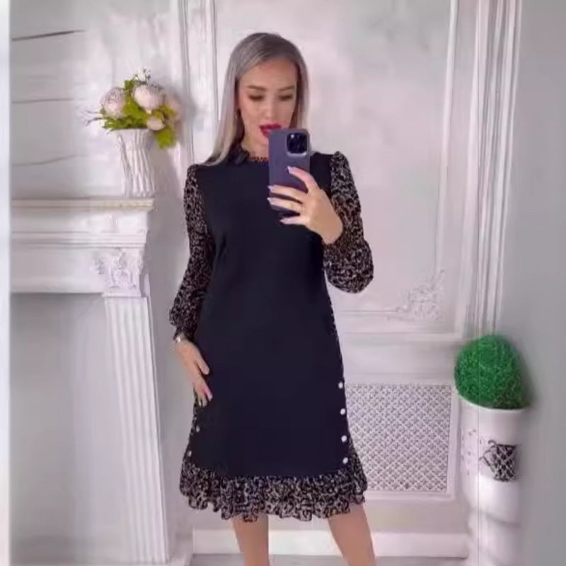 👗[S-3XL] Φθινόπωρο / Χειμώνας Leopard Print ប្រ្រ្រា Patchwork Dress-GR