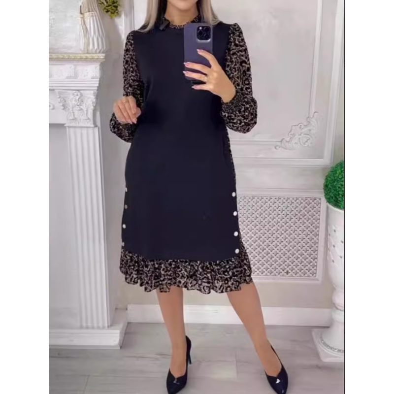 👗[S-3XL] Φθινόπωρο / Χειμώνας Leopard Print ប្រ្រ្រា Patchwork Dress-GR