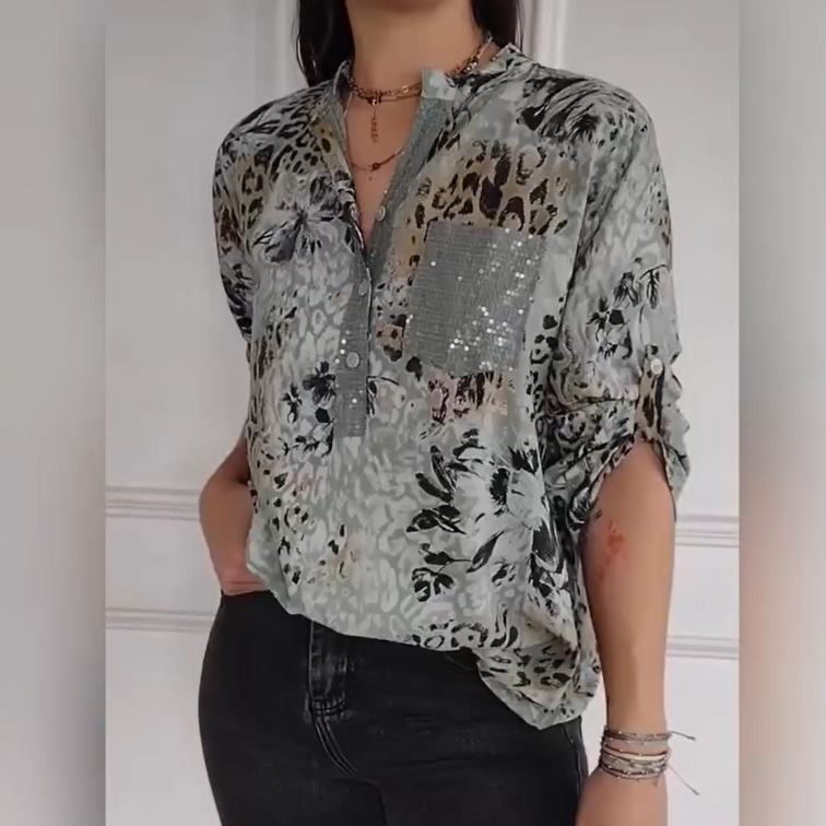 【M-4XL】🌸Γυναικείο πουκάμισο αναψυχής με μισό κουμπί και στάμπα - SI