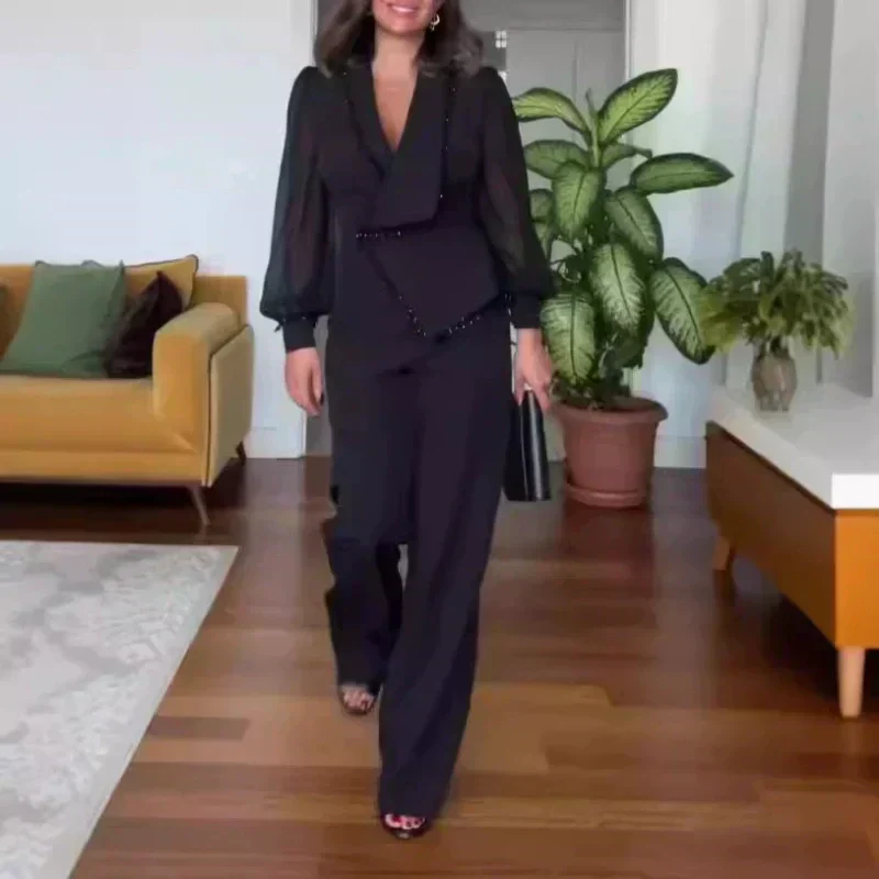 Conjunto de pantalon y pantalon de malla de pierna ancha para mujer-ES 