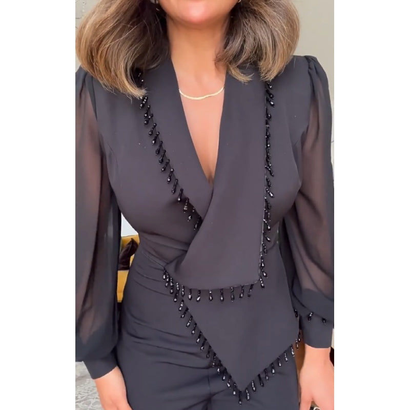 Conjunto de pantalon y pantalon de malla de pierna ancha para mujer-ES 