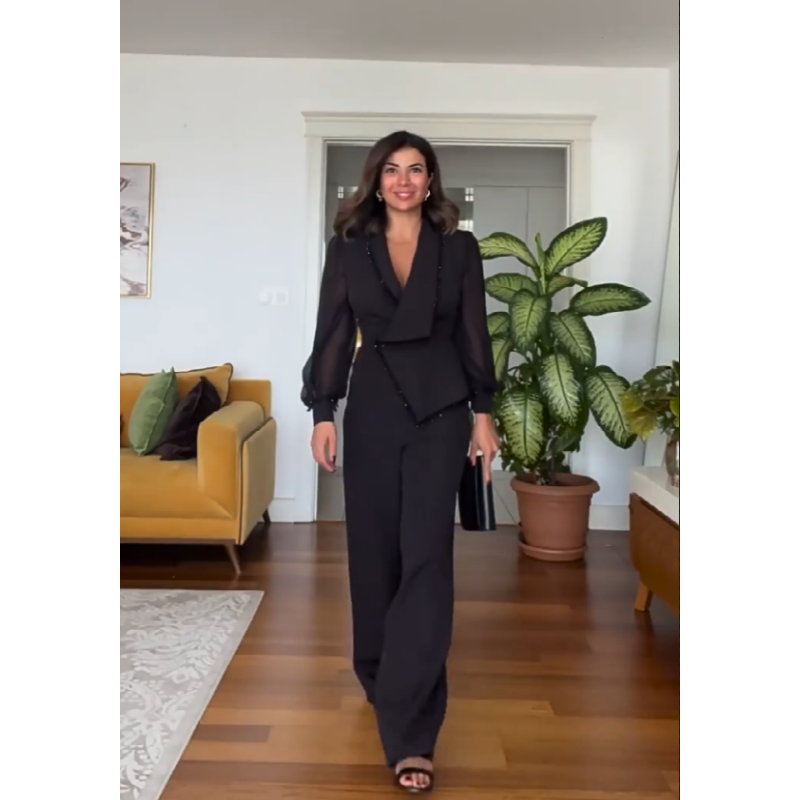Conjunto de pantalon y pantalon de malla de pierna ancha para mujer-ES 