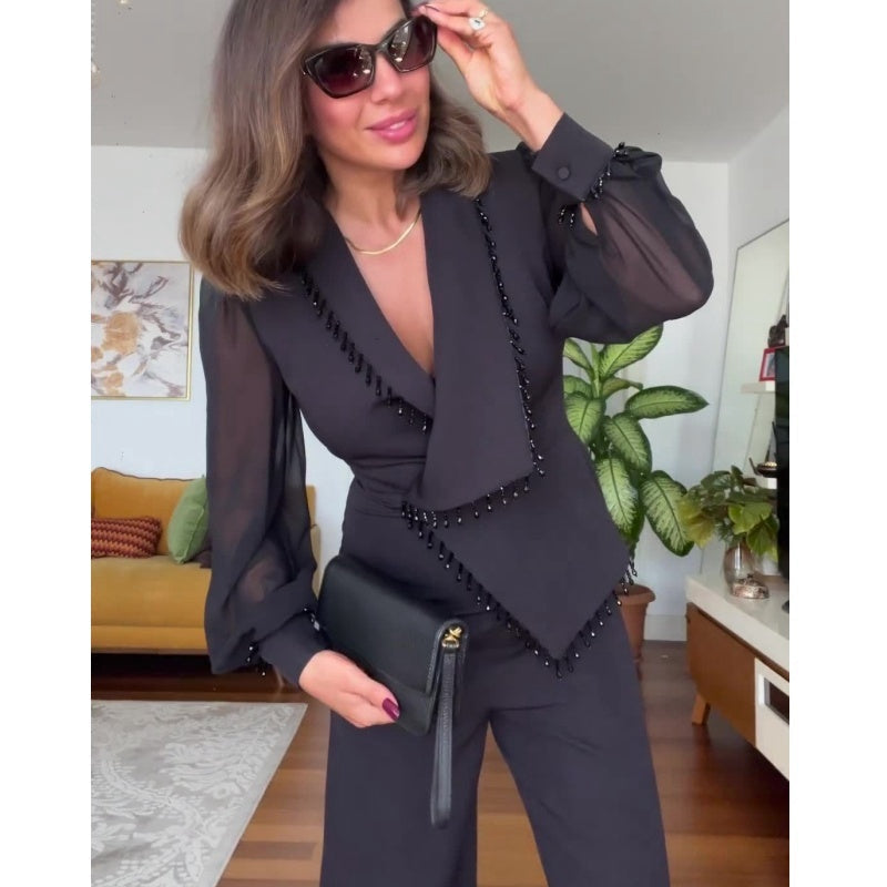 Conjunto de pantalon y pantalon de malla de pierna ancha para mujer-ES 