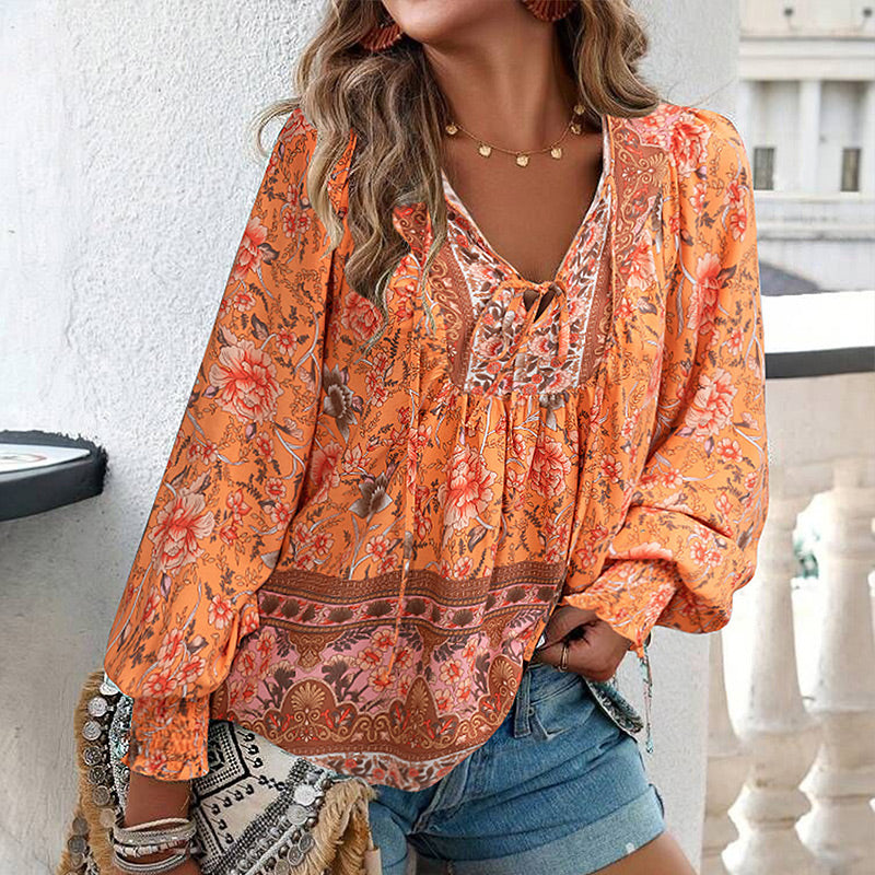 【S-2XL】🌺Moteriški madingi marškinėliai ilgomis rankovėmis spausdinti V formos iškirpte-LT