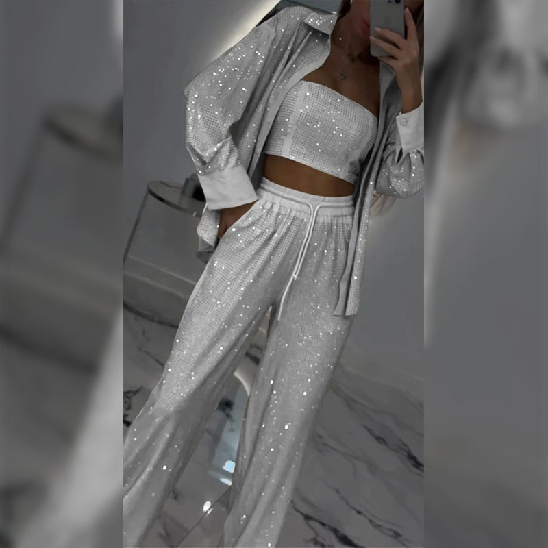 Čudovit blazer, udobna podloga in široke hlače (3-delni)-SI