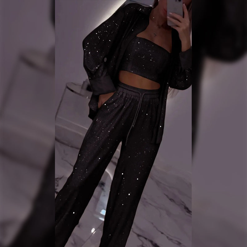 Čudovit blazer, udobna podloga in široke hlače (3-delni)-SI