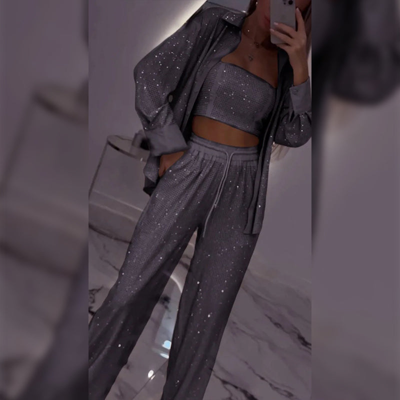 Πανέμορφο blazer, άνετη φόδρα και φαρδύ παντελόνι (σετ 3 τεμαχίων)-GR