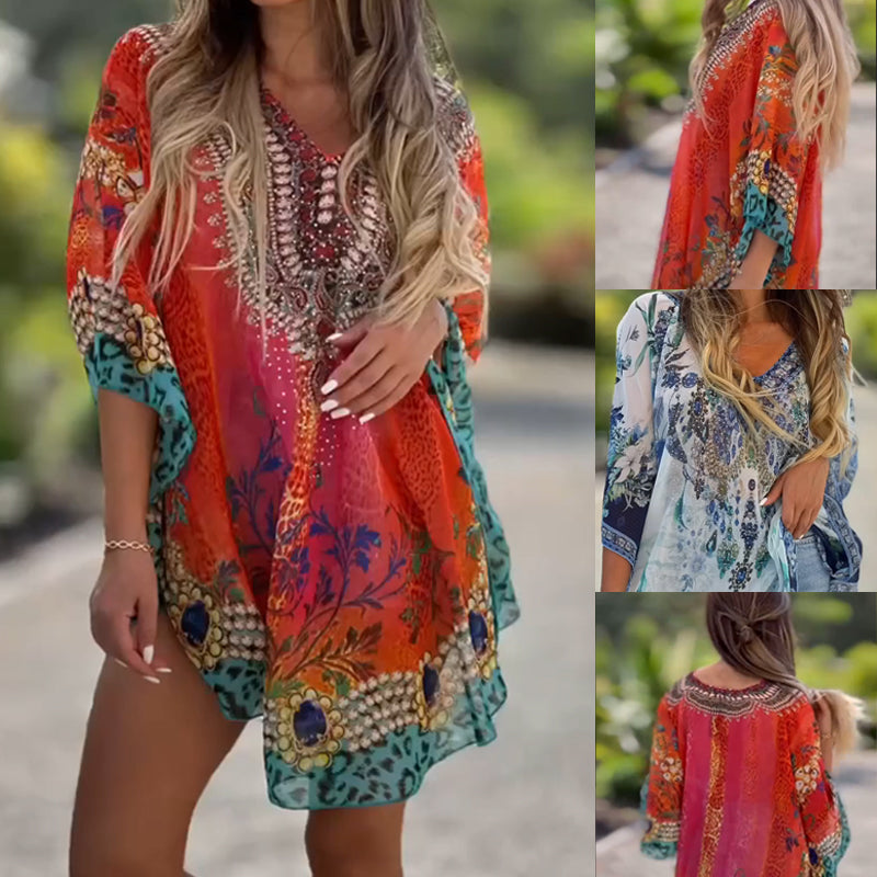 [S-5XL]🥰Τσεχικό φαρδύ ασύμμετρο φόρεμα με V λαιμόκοψη-SI
