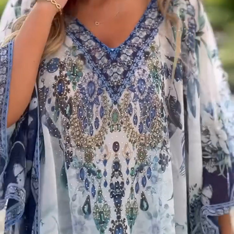[S-5XL]🥰Τσεχικό φαρδύ ασύμμετρο φόρεμα με V λαιμόκοψη-SI