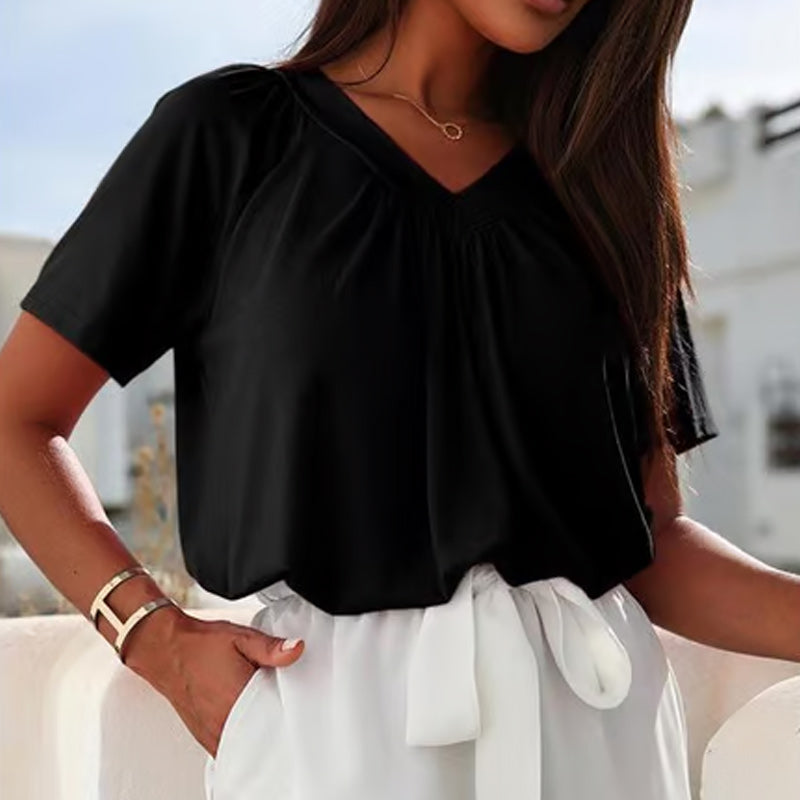 💖Γυναικείο casual πλισέ τοπ με κοντό μανίκι και λαιμόκοψη σε σχήμα V-GR