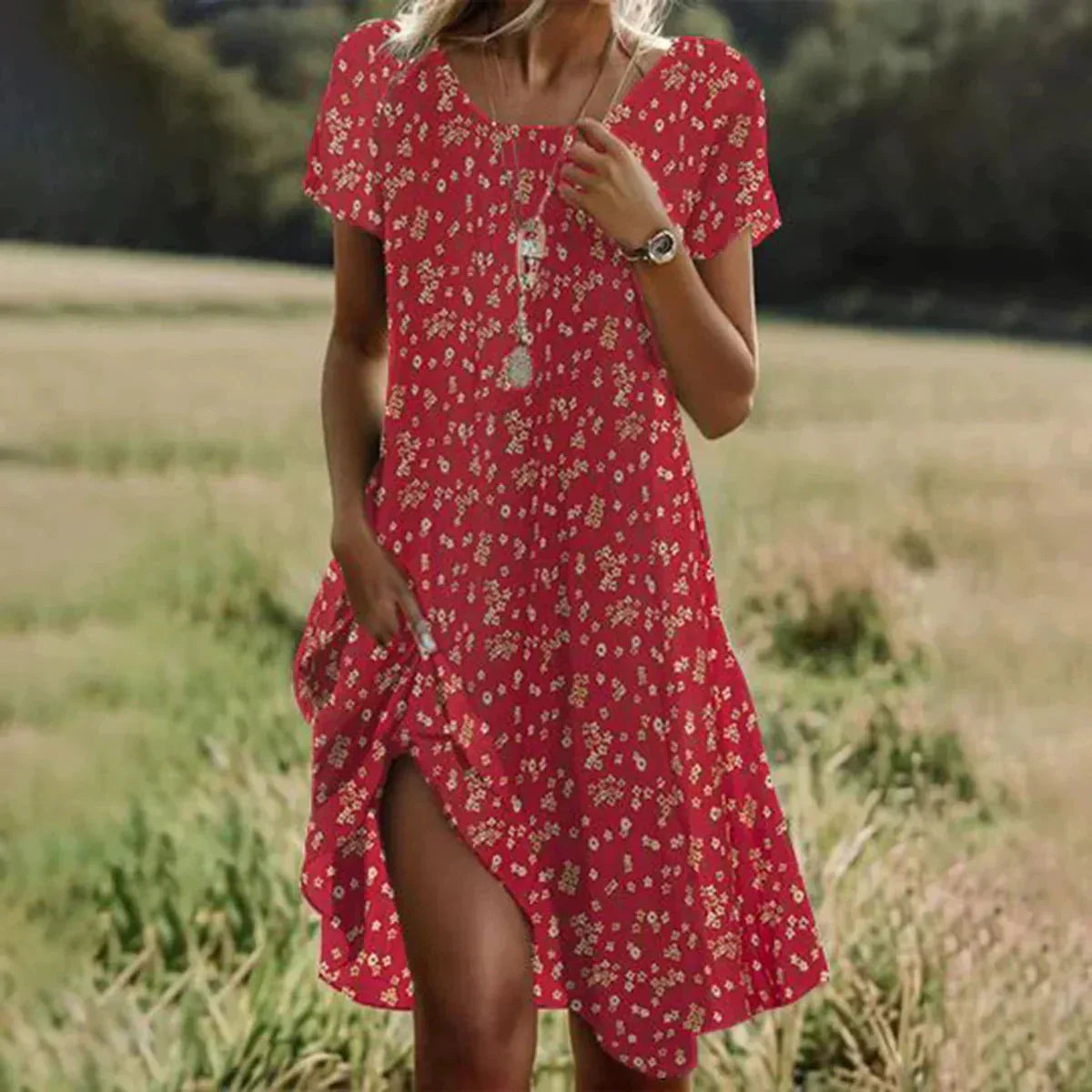 🌸Elegantna zelena midi obleka s kratkimi rokavi in pikami-SI