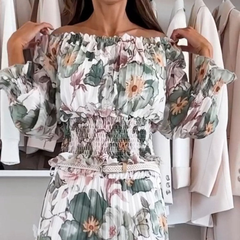 🌸 Gėlėta viršutinė dalis atvirais pečiais ir dviejų dalių komplektas su maxi sijonu-LT