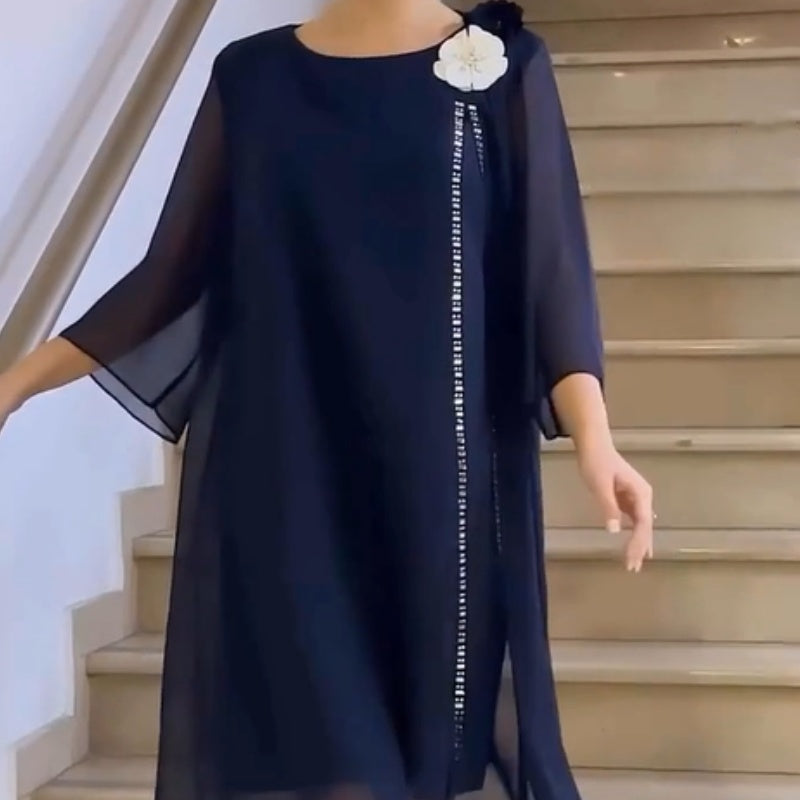 🌸✨【S-4XL】Γυναικείο φόρεμα από πλέγμα με στρογγυλή λαιμόκοψη και φλοράλ γιακά-GR