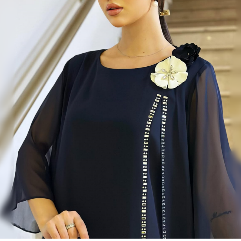 🌸✨【S-4XL】Γυναικείο φόρεμα από πλέγμα με στρογγυλή λαιμόκοψη και φλοράλ γιακά-GR