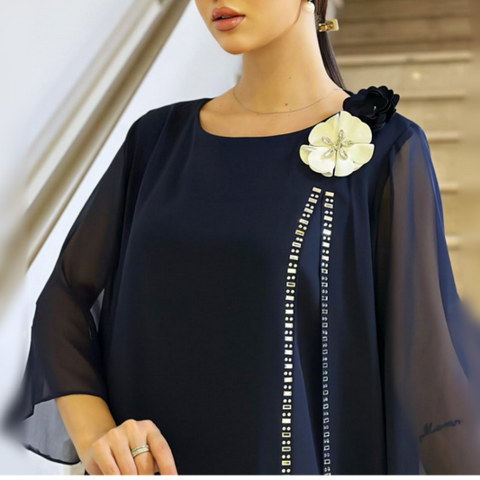 🌸✨【S-4XL】Γυναικείο φόρεμα από πλέγμα με στρογγυλή λαιμόκοψη και φλοράλ πινελιές-SI