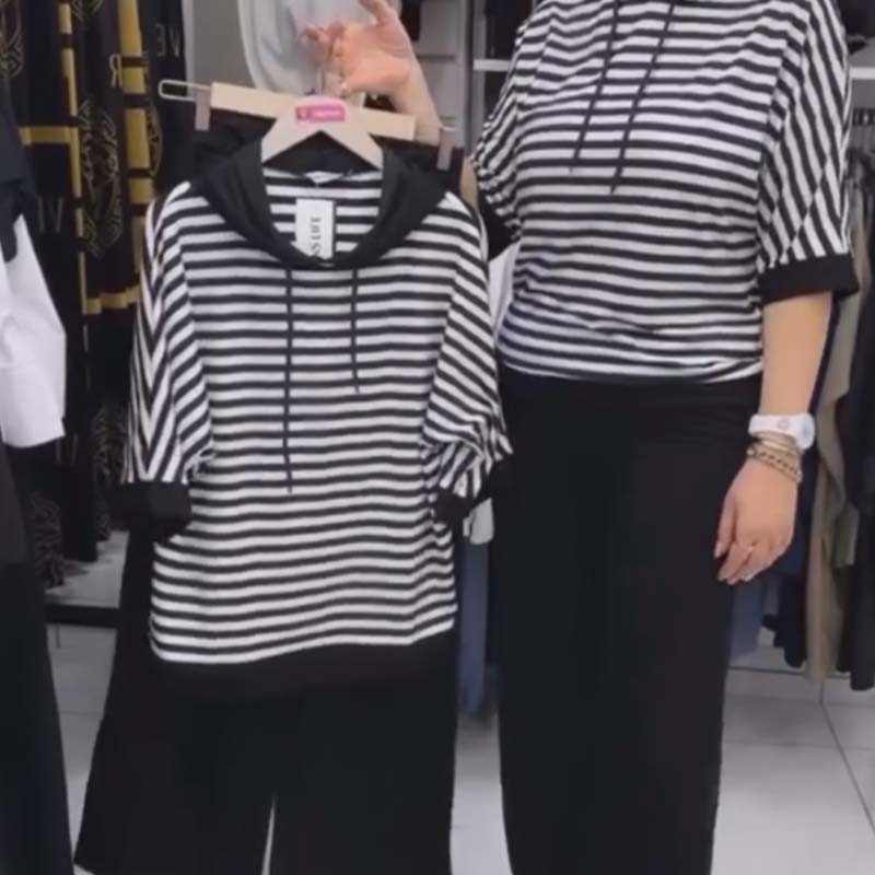 ✨ Moteriškų dryžuotų viršutinių ir vienspalvių kelnių rinkinys-LT