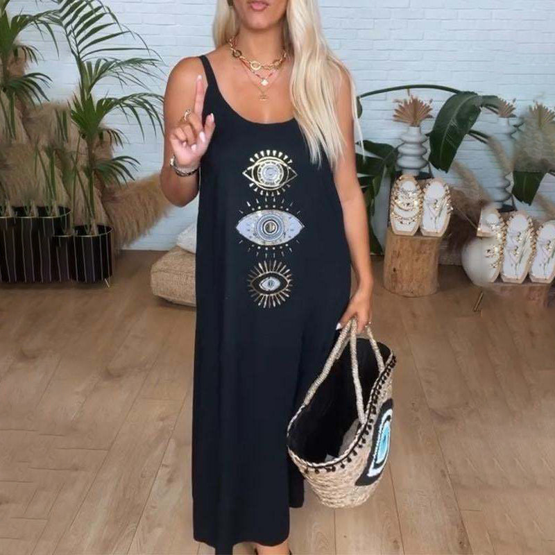 🔥Γυναικείο φόρεμα με σκούρο δέρμα και σχέδιο ματιών👗-GR