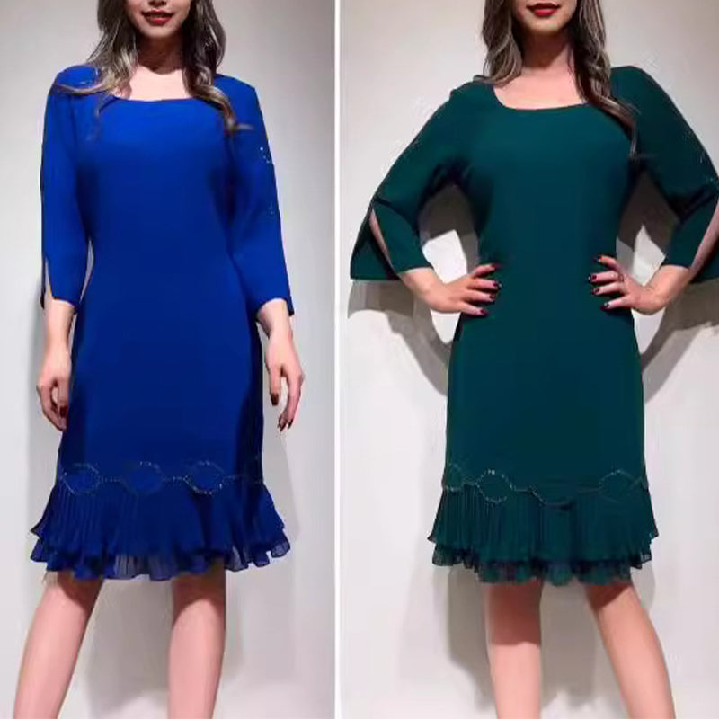 💝Ένα στρογγυλό φόρεμα με στρογγυλή λαιμόκοψη και βολάν στο στρίφωμα-GR