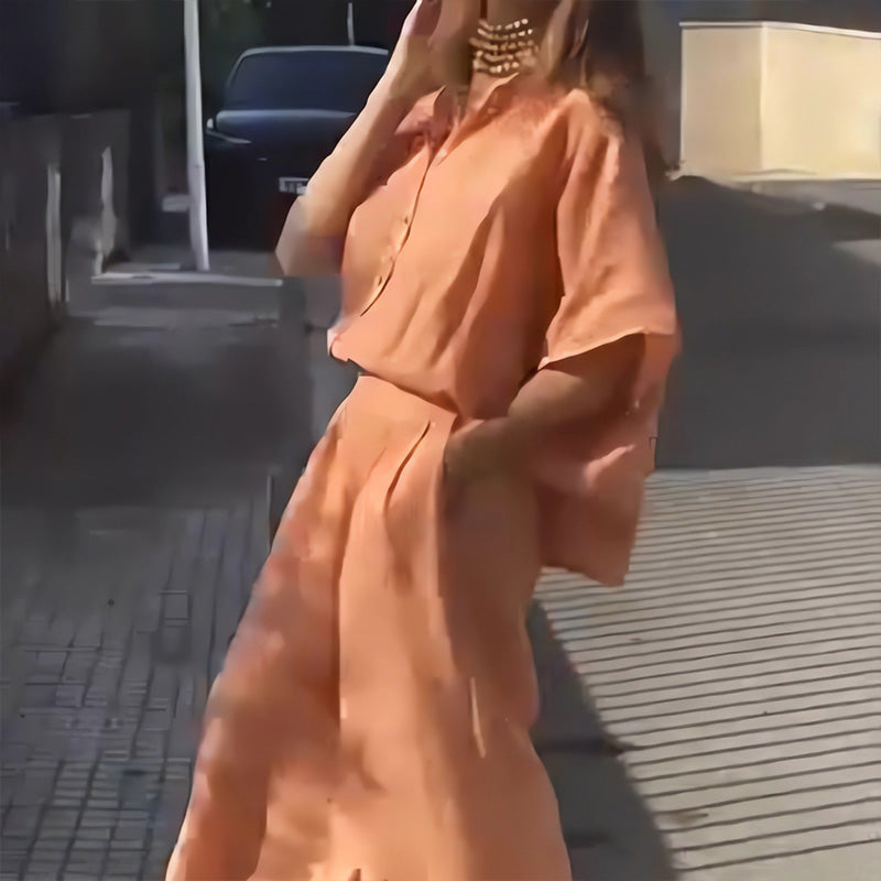 Γυναικείο σετ δύο τεμαχίων σε άτυπο στιλ από βαμβάκι και λινό-GR 