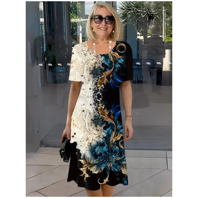 👗 Γυναικείο καλοκαιρινό φόρεμα με φλοράλ print και στρογγυλή λαιμόκοψη, σε γραμμή Α, κοντά μανίκια-GR