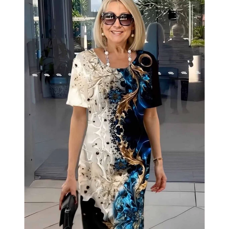 👗 Γυναικείο καλοκαιρινό φόρεμα με φλοράλ print και στρογγυλή λαιμόκοψη, σε γραμμή Α, κοντά μανίκια-GR