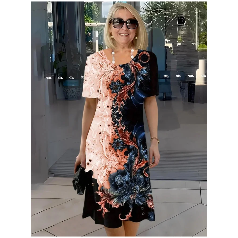 👗 Γυναικείο καλοκαιρινό φόρεμα με φλοράλ print και στρογγυλή λαιμόκοψη, σε γραμμή Α, κοντά μανίκια-GR