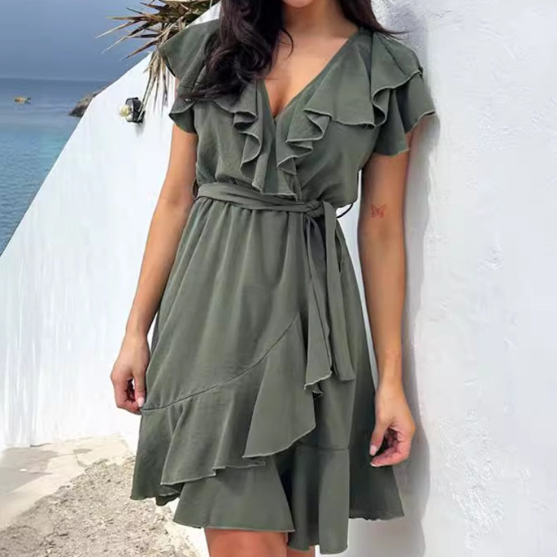 🔥Elegantiška moteriška suknelė su raišteliu ir V formos iškirpte bei raukiniais-LT