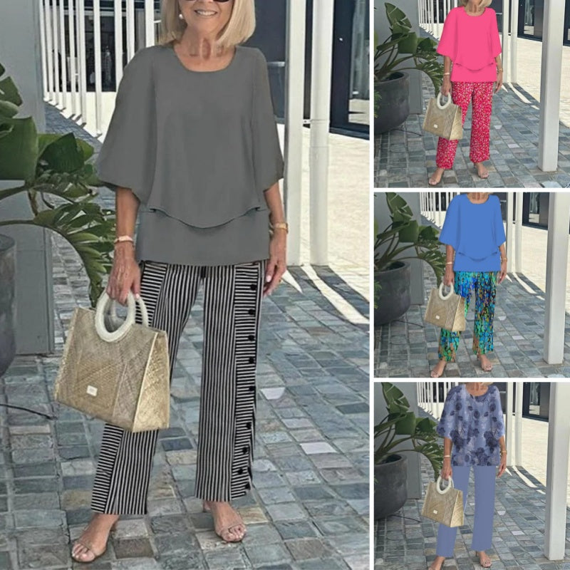 🌸Γυναικείο casual παντελόνι με στρογγυλή λαιμόκοψη και κοντά μανίκια-GR 