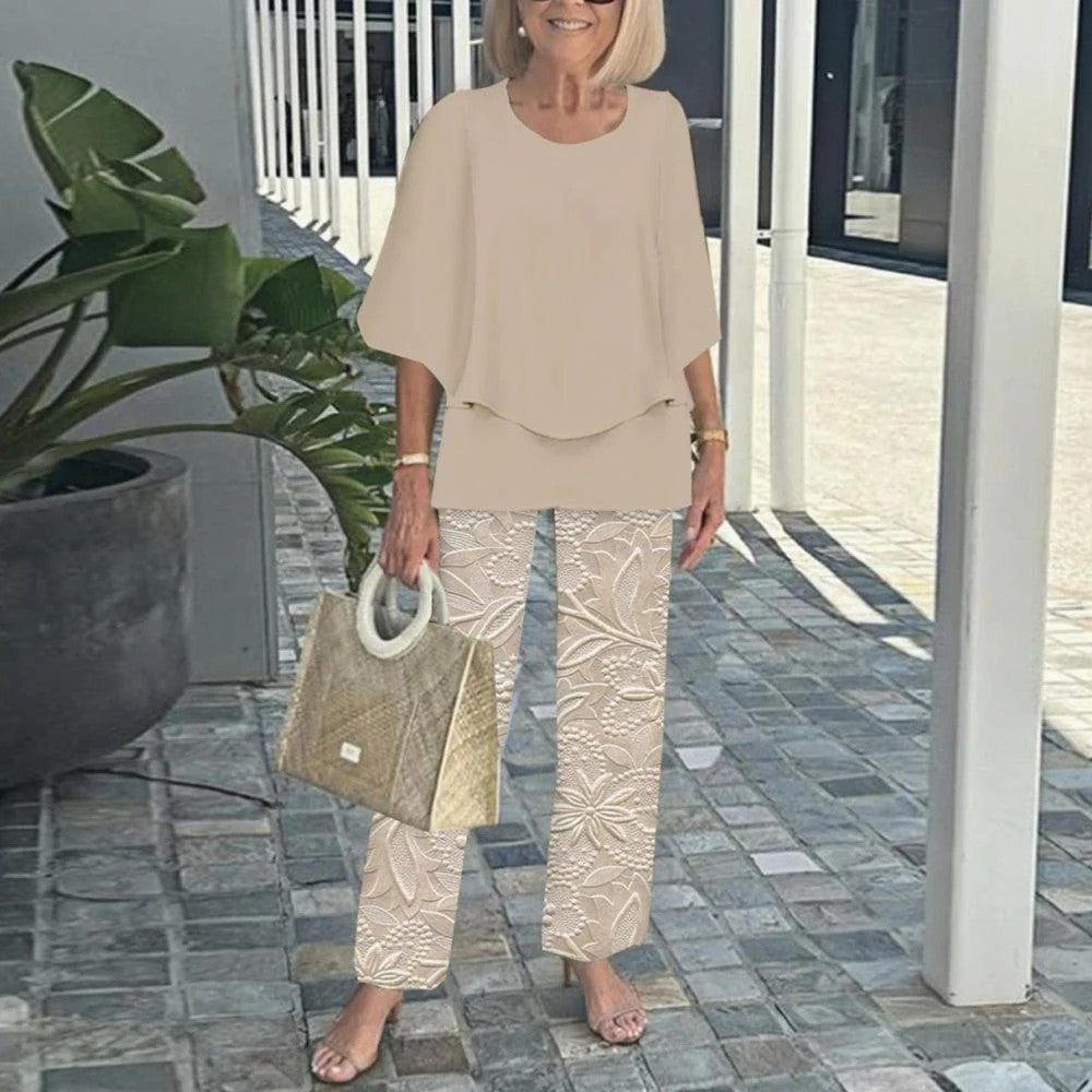 🌸Γυναικείο casual παντελόνι με στρογγυλή λαιμόκοψη και κοντά μανίκια-GR 