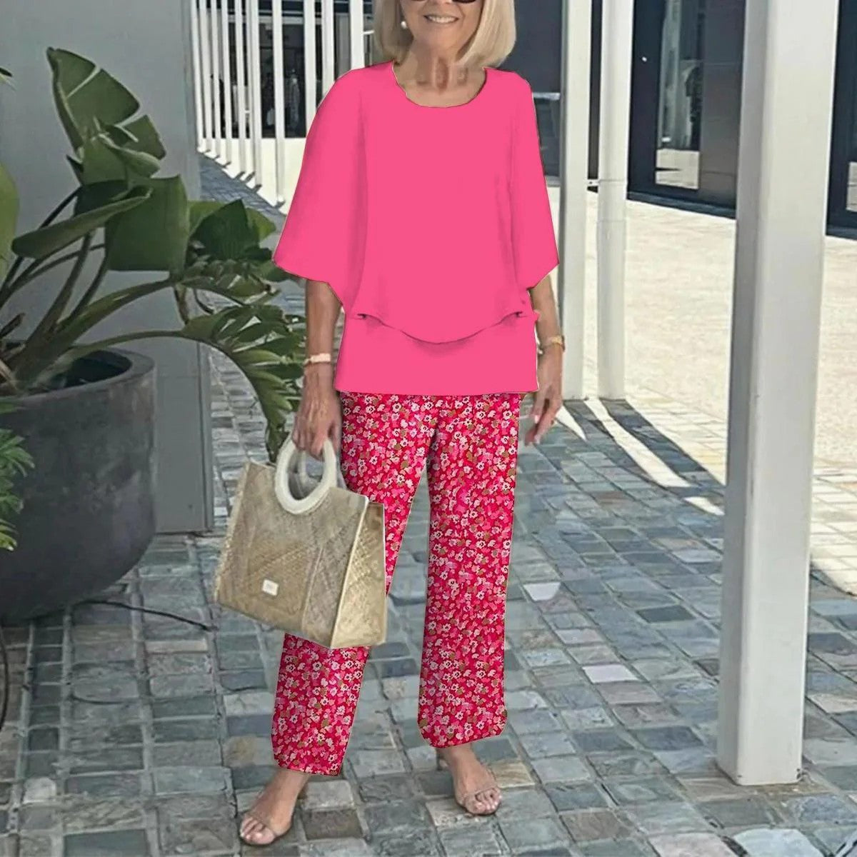 🌸Γυναικείο casual παντελόνι με στρογγυλή λαιμόκοψη και κοντά μανίκια-GR 