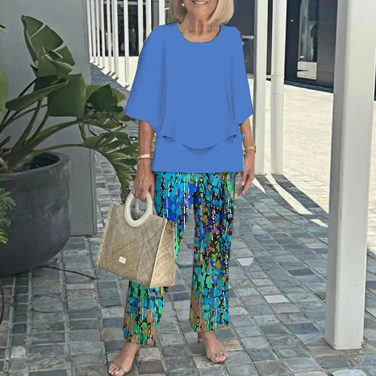 🌸Γυναικείο casual παντελόνι με στρογγυλή λαιμόκοψη και κοντά μανίκια-GR 