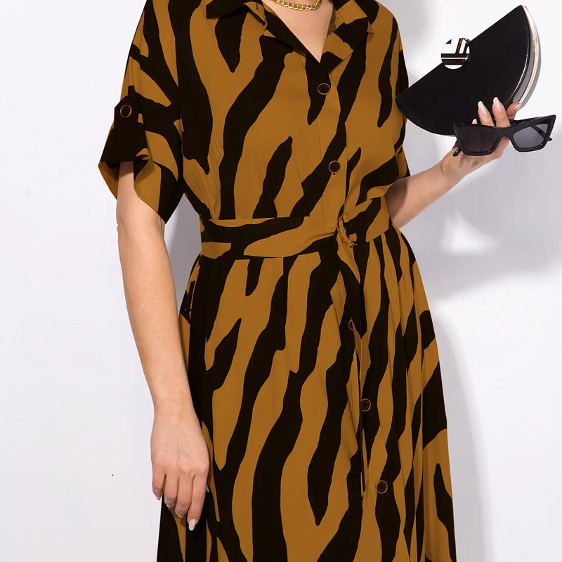 ✨🦓Φόρεμα με V γραμμοκοψη, τυποχένες ρίγες και μέζει-GR