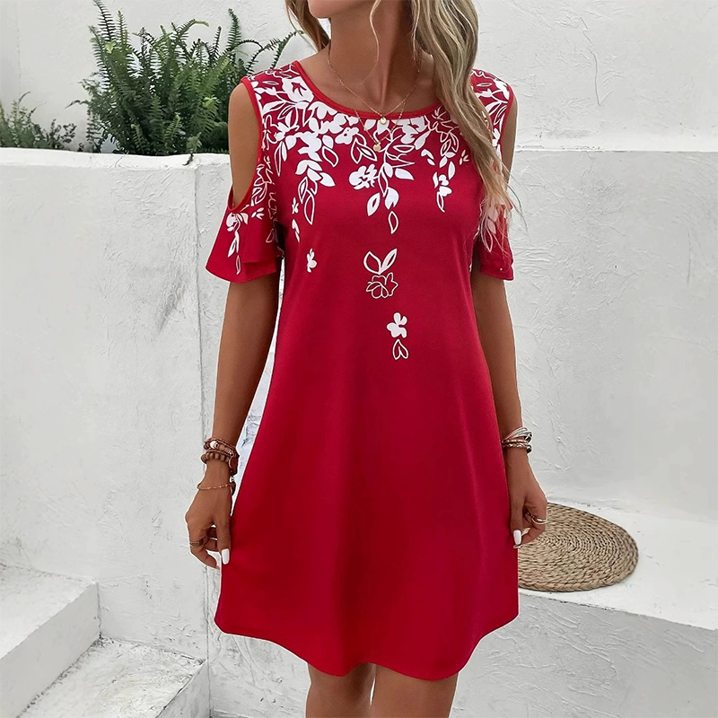 🌼【S-2XL】Φόρεμα μίντι με φλοράλ τύπωμα και μανίκια με κοψίματα-SI
