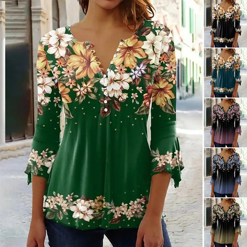 🔥Eleganten ženski top z V-izrezom in cvetličnim vzorcem-SI