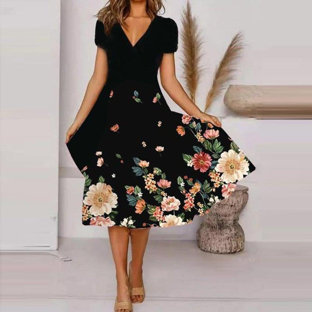 【S-4XL】🌺Γυναικείο φόρεμα με στάμπα και λαιμόκοψη V-GR