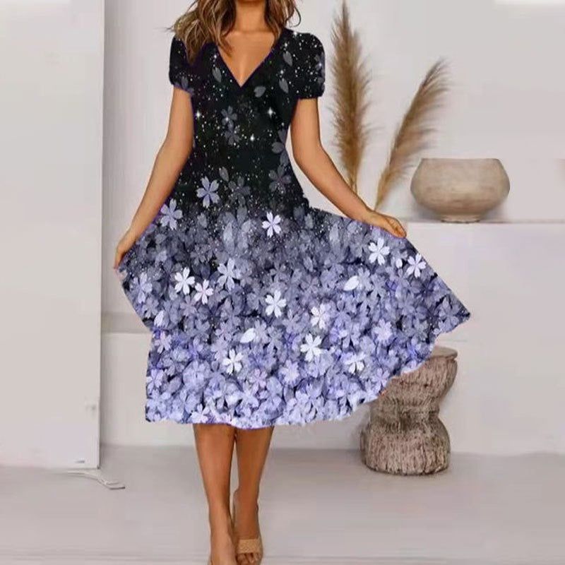 【S-4XL】🌺Γυναικείο φόρεμα με στάμπα και λαιμόκοψη V-GR
