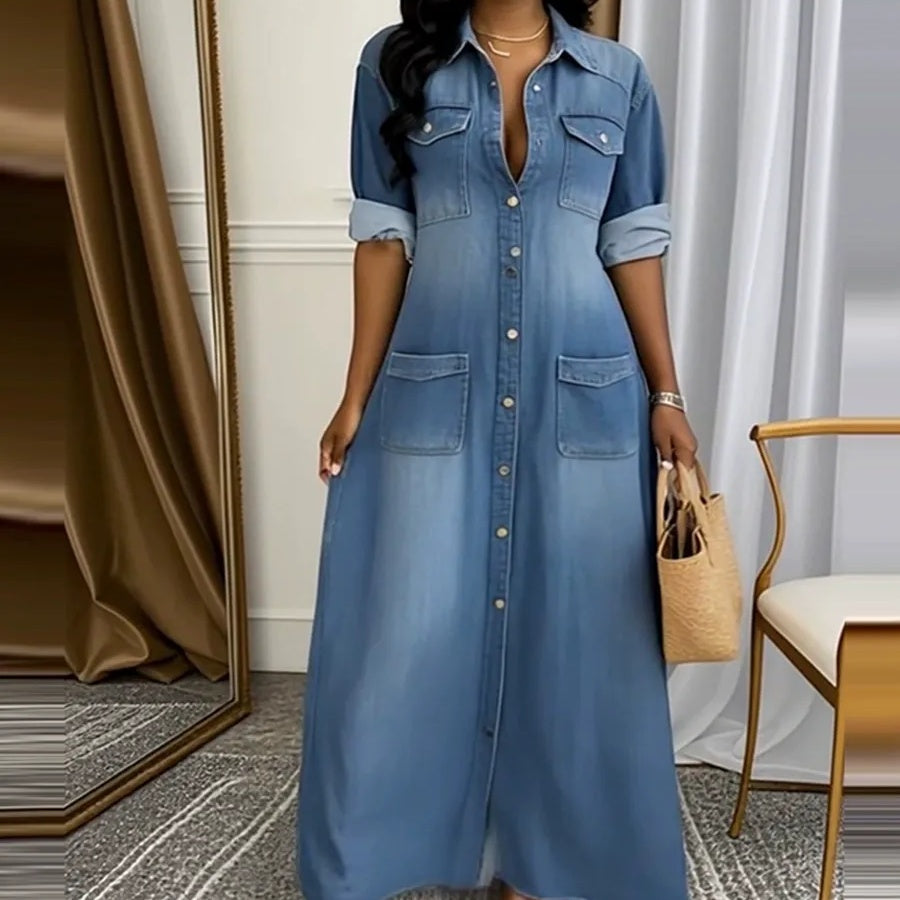 Γυναικείο Φόρεμα με Κουμπιά και Τζιν Μάξι-GR