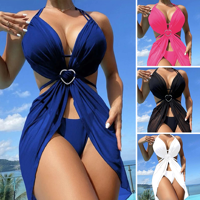 ✨Kryžiaus ir karūnos vėrinys👑👙Vienspalvis bikinis be petnešėlių, trijų dalių komplektas-LT