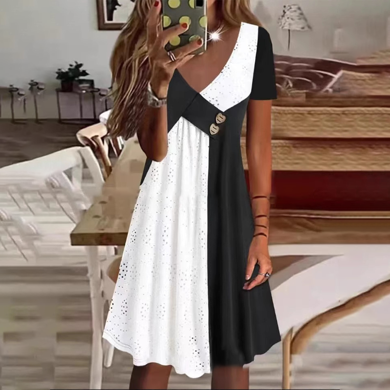 👗 Κομψό γυναικείο φόρεμα με χαριτωμένο ντεκολτέ και μοντέρνο patchwork-SI