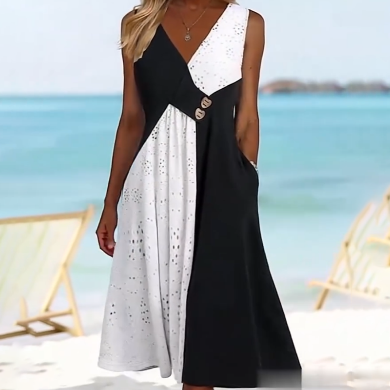 👗 Κομψό γυναικείο φόρεμα με χαριτωμένο ντεκολτέ και μοντέρνο patchwork-SI