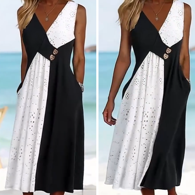👗 Κομψό γυναικείο φόρεμα με χαριτωμένο ντεκολτέ και μοντέρνο patchwork-SI