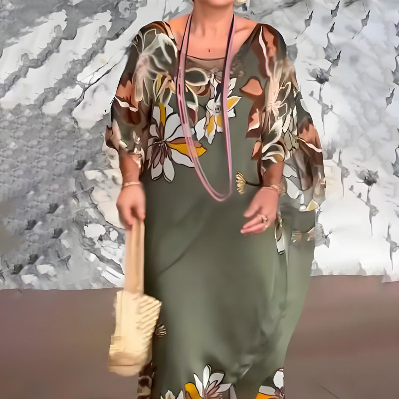Elegantna potiskana dolga obleka iz šifona z V-izrezom-SI