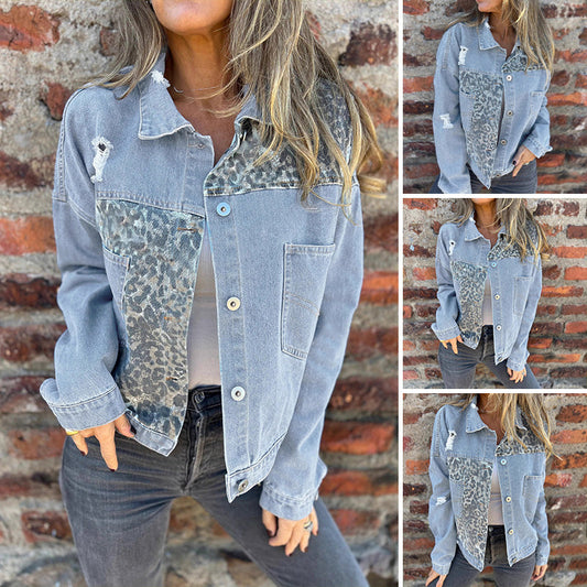 Modna jeans jakna z leopardjim potiskom in vzorcem patchwork-SI