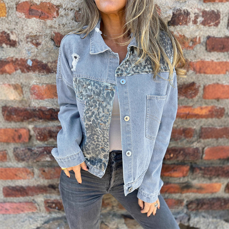 Modna jeans jakna z leopardjim potiskom in vzorcem patchwork-SI