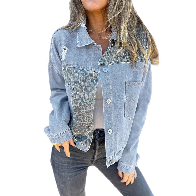 Modna jeans jakna z leopardjim potiskom in vzorcem patchwork-SI