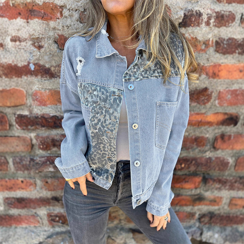 Modna jeans jakna z leopardjim potiskom in vzorcem patchwork-SI
