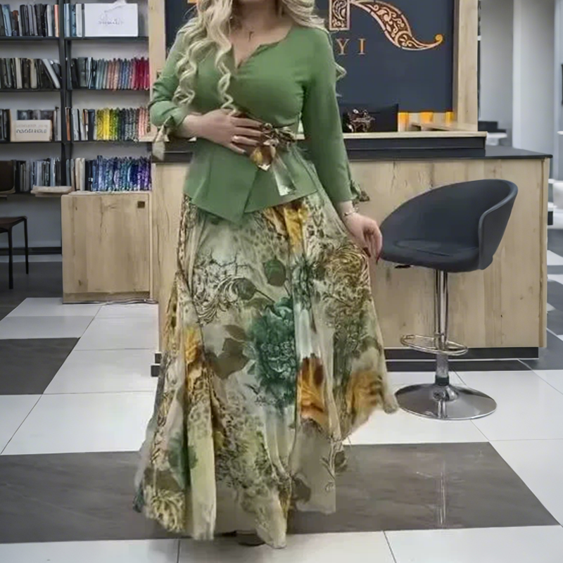 💜Κομψό τοπ και φούστα με φλοράλ μοτίβα, σετ δύο τεμαχίων-GR